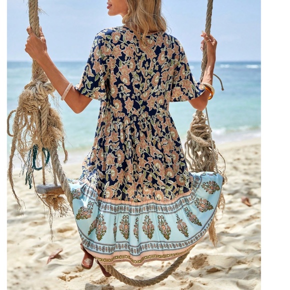 Boho Floral Print half Button Short Sleeve Dress - Picture 5 of 5